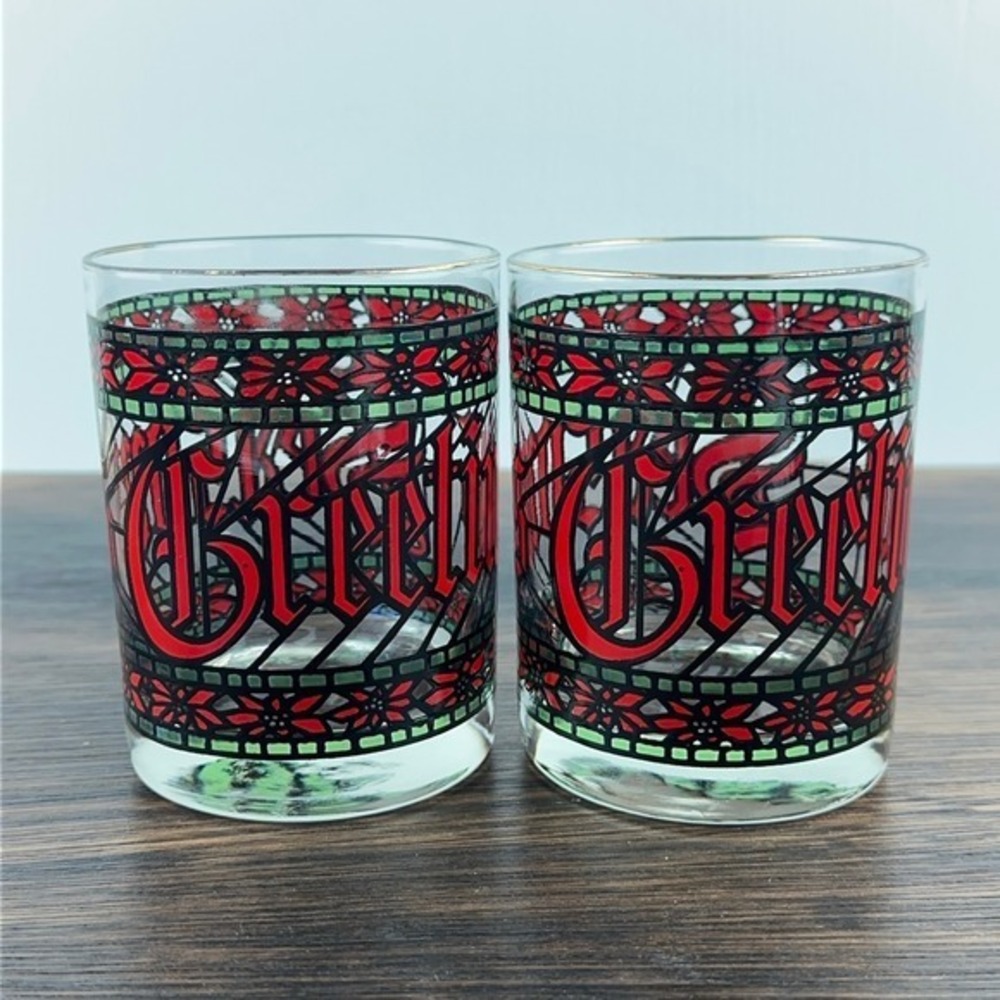 Vintage Houze Seasons Greetings Lowball Glasses Stained Glass MCM Set of 2 Red